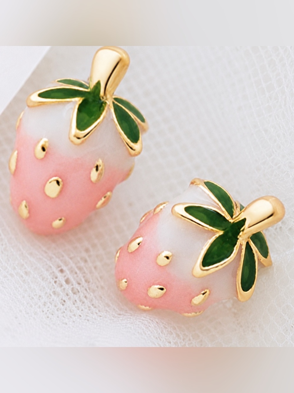 “Pink Strawberry” Juicy Yummy Fruit Fruity Bumpy Seeds Kawaii Dainty Gold Studs - Picture 5 of 7